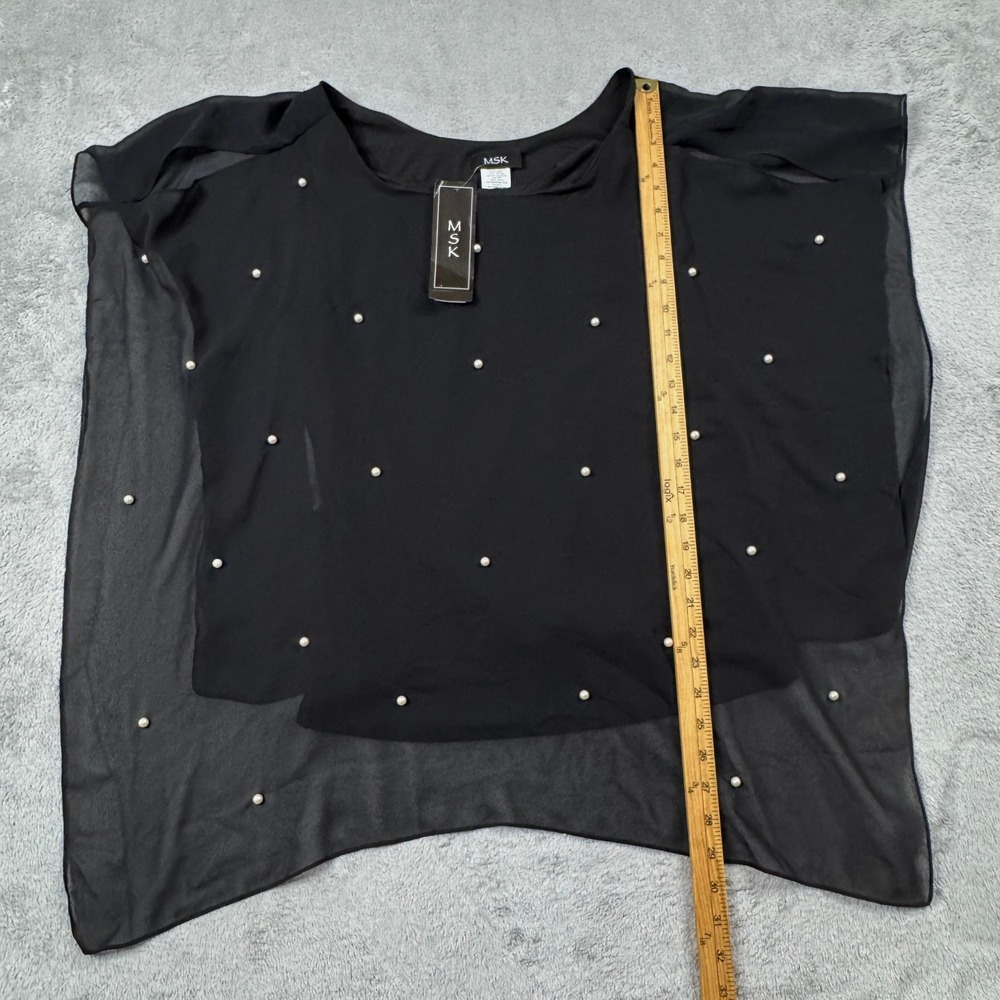 NWT MSK Blouse Women Large Black New Pearl Embellished Layered Poncho Top‎